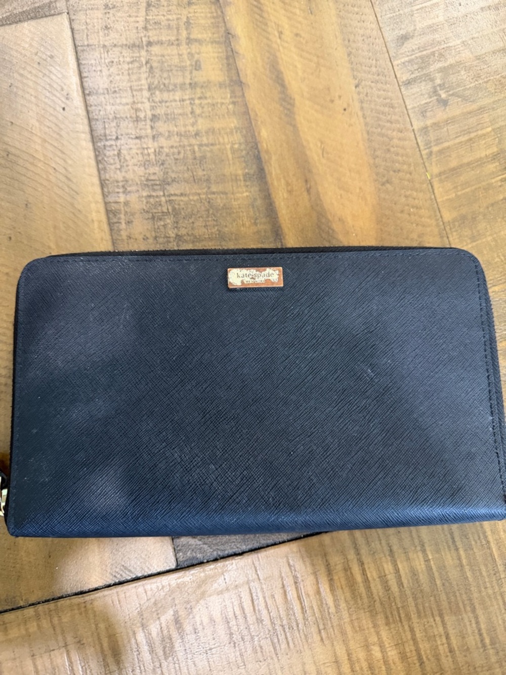 kate spade Black Textured Zip Wallet with Gold Logo Plaque
